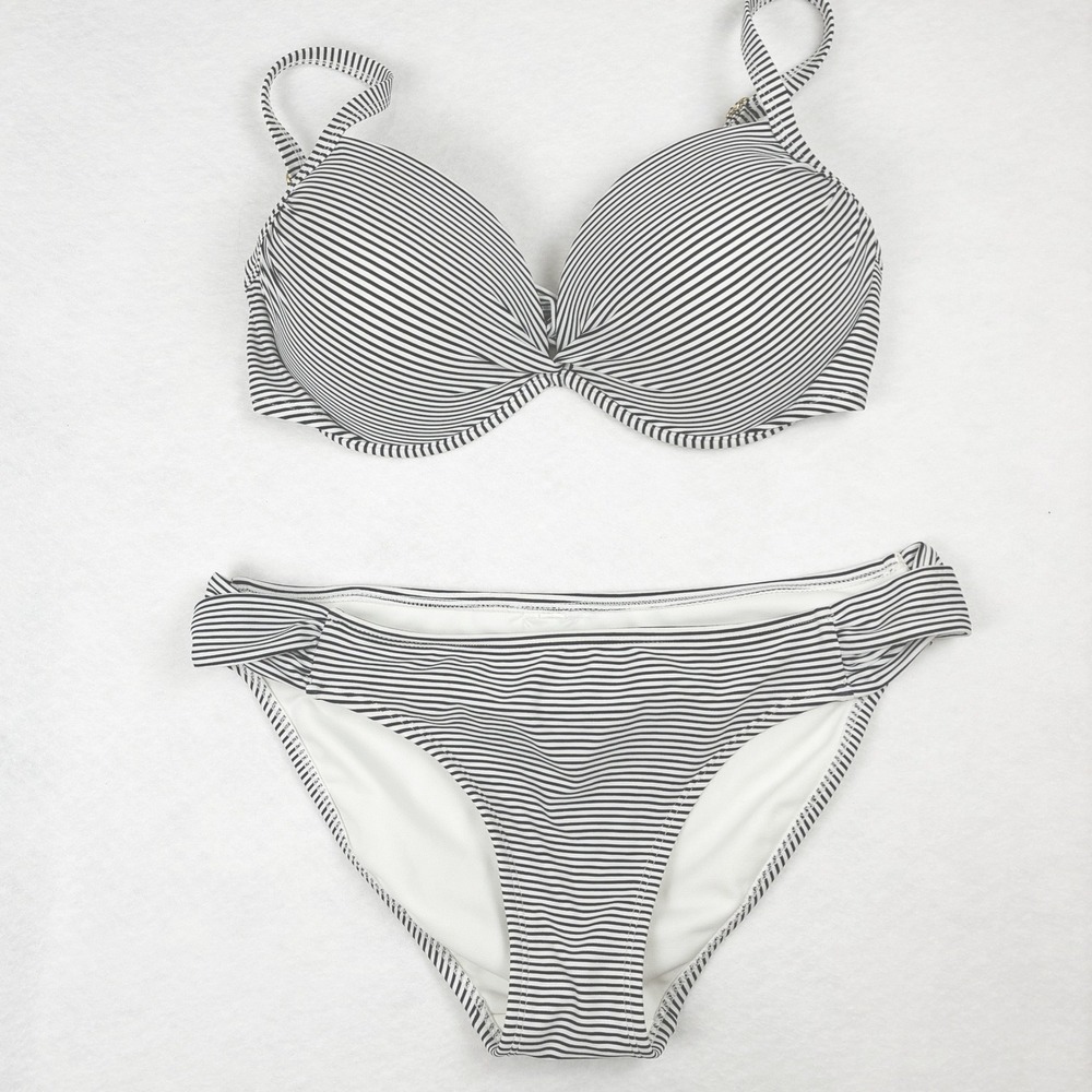 Exhilaration black and white pin stripe bikini D/DD Cup and Large bikini bottom